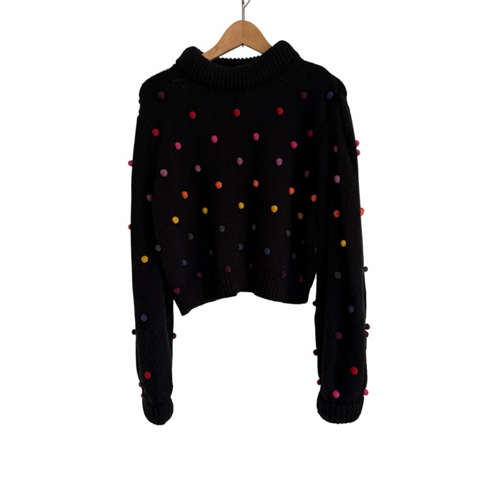 FARM RIO Rainbow Dot Pom Pom Sweater Black & Multicolor - EUC, Large - Picture 6 of 16